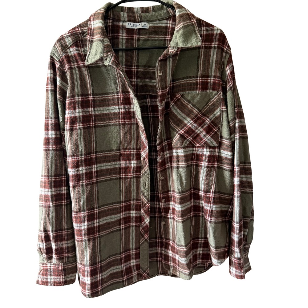 Arizona Jean Co Flannel Shirt Womens XL Olive Green Burgundy Plaid Cotton Button